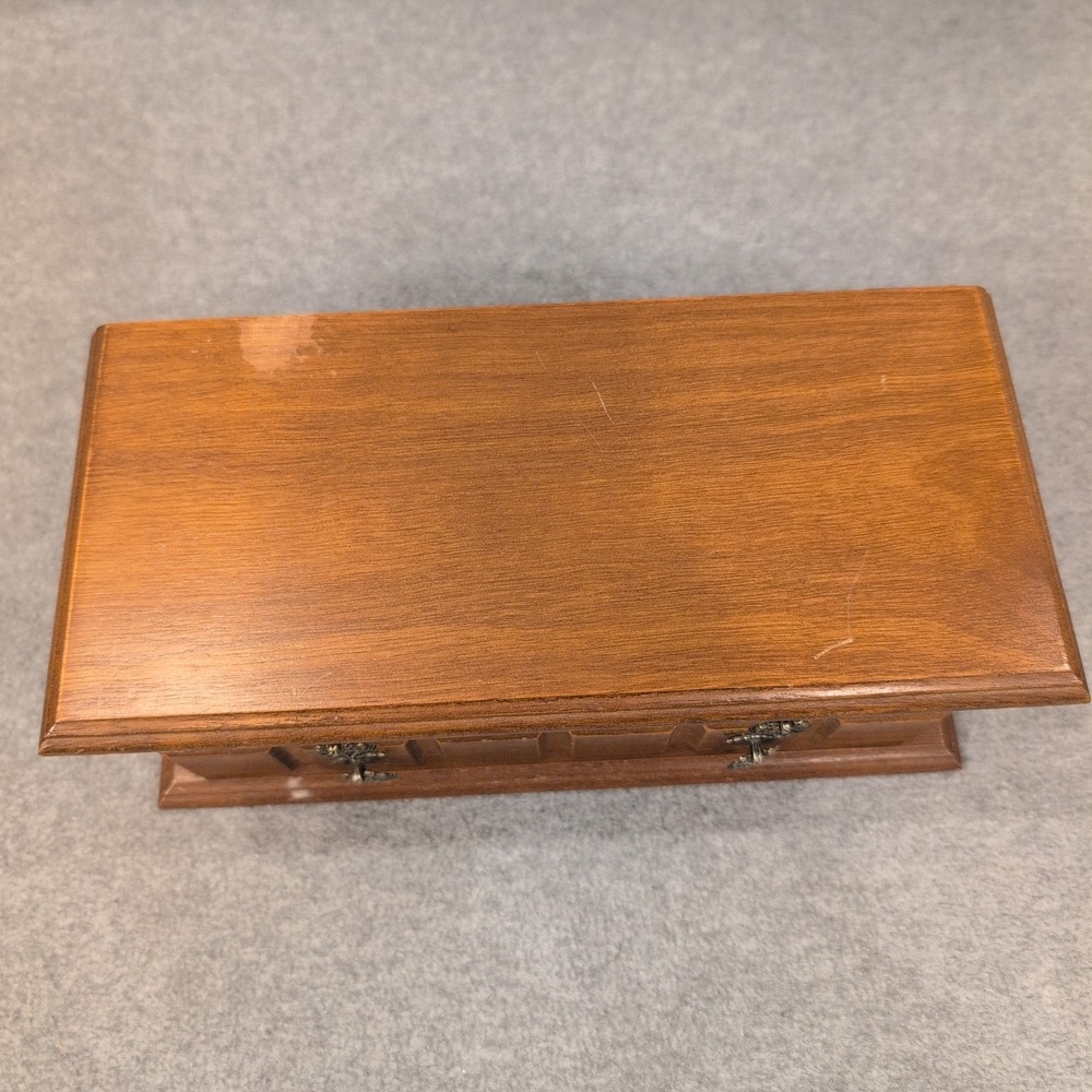 Vintage Wood Jewelry Box Organizer Two Drawer Ring Holder Ornate Pulls 10" Wide - Picture 8 of 8